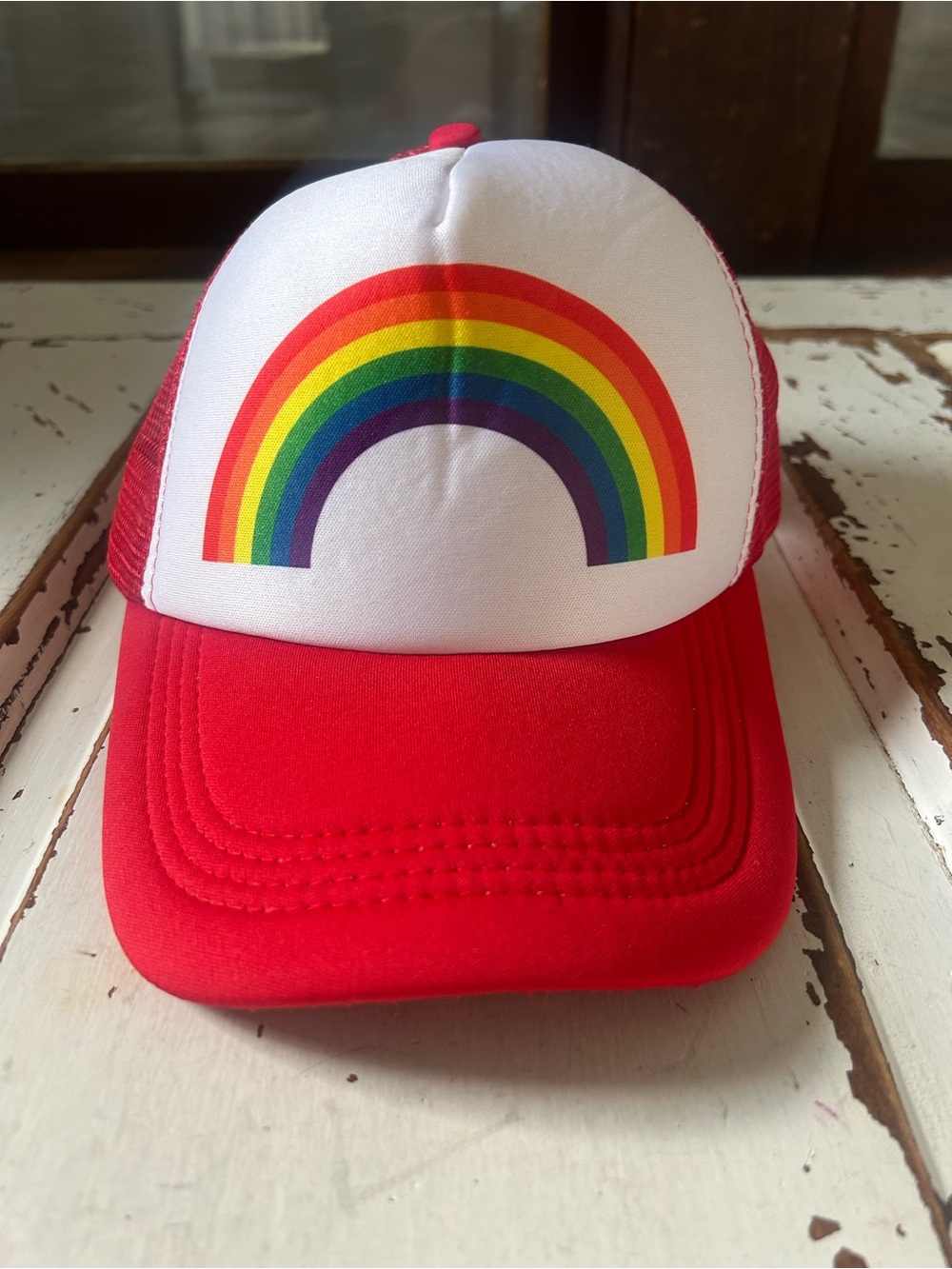Rainbow Hat Cap Snapback Trucker Headwear Mesh Red White